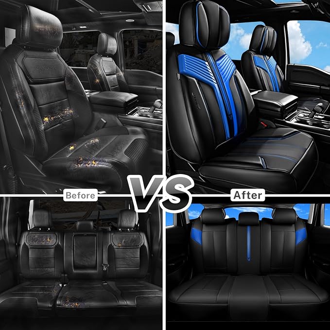 CAR PASS Nappa Leather Seat Covers, Breathable Waterproof Car Seat Covers Full Set, Luxury Leather Front and Back Seats Full Coverage, Universal Fit SUV Pick-up Truck Sedan Automotive(Black Blue)