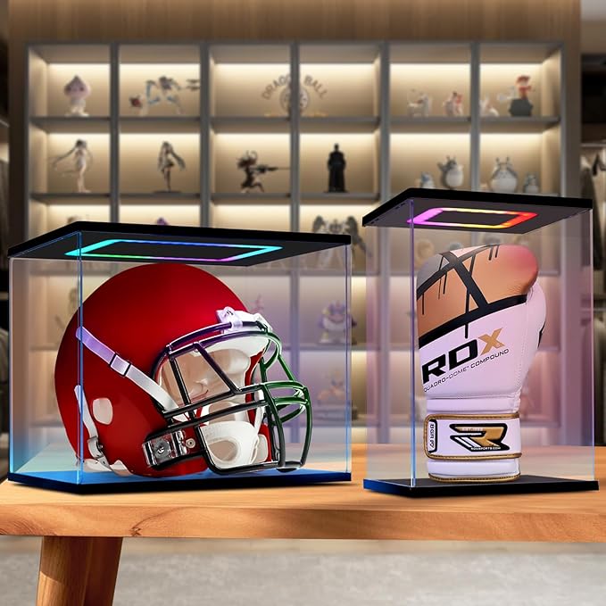 Football Helmet Display Case with Light, Multiple Color Lights Dustproof Protection Helmet Showcase for Collectibles Memorabilia Storage(15×11×12inch)