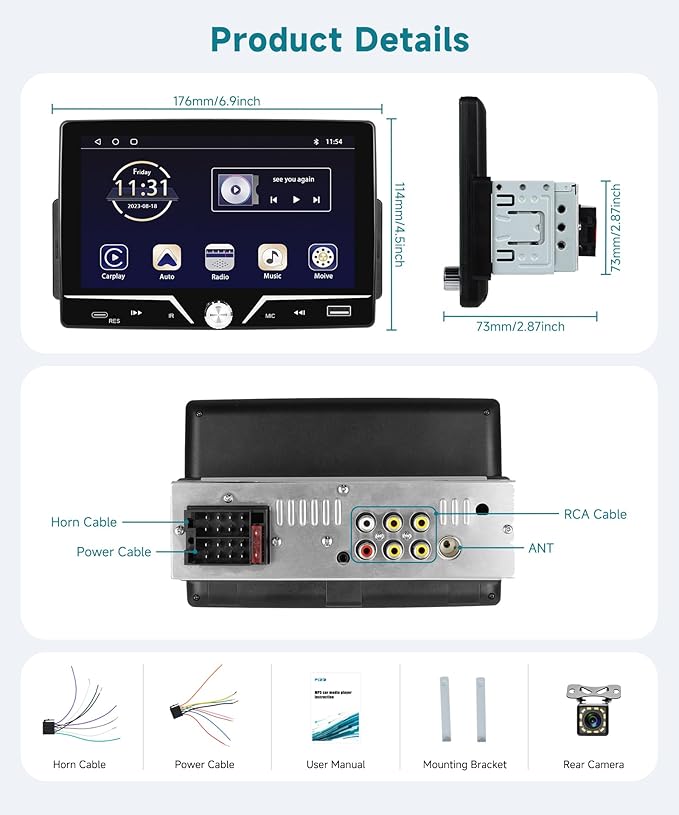 Single Din Radio with Wired CarPlay & Android Auto, 7" HD Touch Screen,Single Din Car Stereo with Mirror Link, SWC, FM Radio, Bluetooth,USB/Type C, EQ for Car Audio