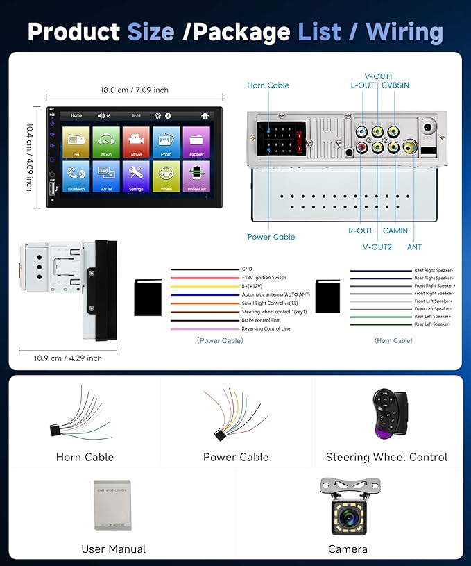 Single Din Car Radio with Bluetooth iOS/Android Mirror Link, 7 Inch Touch Screen Car Stereo 1 Din with Backup Camera Bluetooth Hands-Free FM Radio USB EQ AUX TF Steering Wheel Control