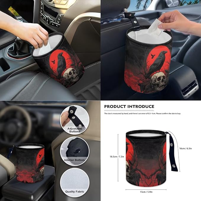 Crow Skull Print Full Set Car Seat Covers with Steering Wheel Cover Armrest Cushion Safety Belt Pads Car Rearview Mirror Cover Gear Shift Knob and Handbrake Covers Trash Bag
