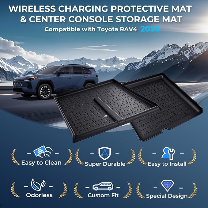Wireless Charging Protective Mat & Center Console Storage Protective Mat for Toyota RAV4 2026, Interior Accessories Silicone Anti-Slip Console Cover Pad for 2026 RAV 4, Black