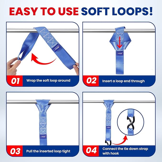 MOCA Blue Heavy Duty Ratchet Tie Down Straps - 5,200 Lbs Breaking Strength 1.6" x 8', Includes 4 Heavy Duty Ratchet Padded Handles & Coated Chromoly S Hooks & 4 Soft Loop Tie-Downs