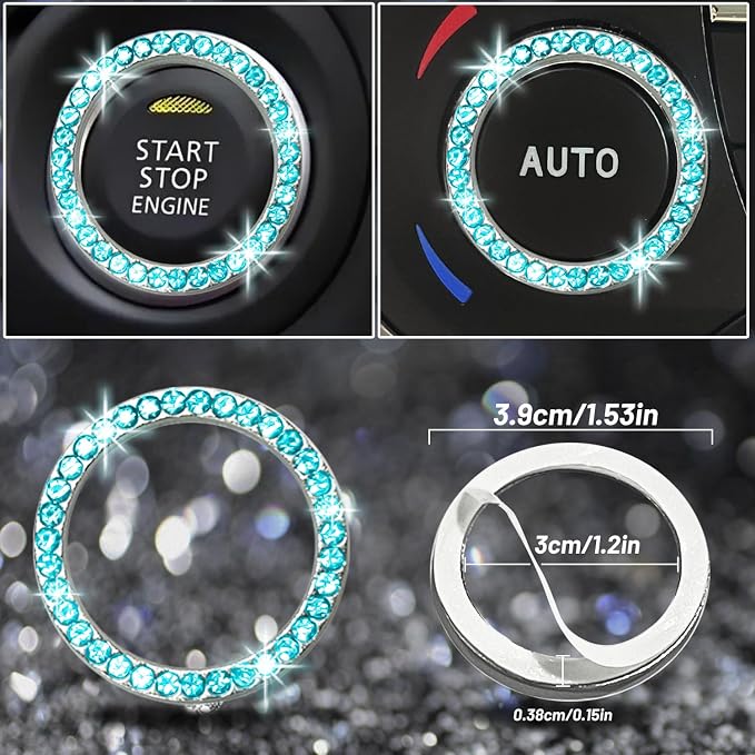 NBTEPEM 12 Pcs Bling Car Accessories Set for Women Car Floor Mats Full Set Steering Wheel Cover Seat Belt Covers Coasters Universal Fit Car SUV Truck Van Aquamarine