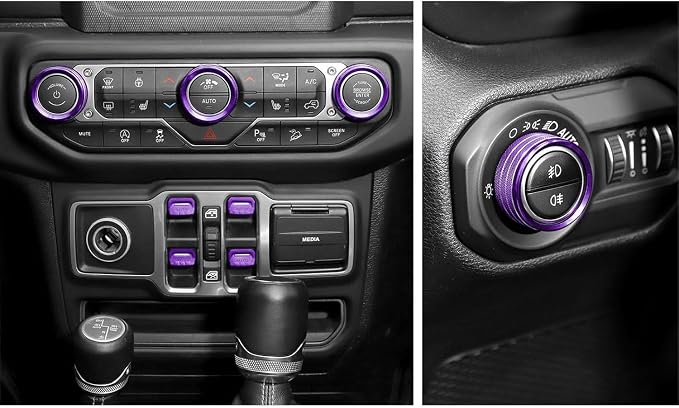 JeCar 8-Piece Aluminum Switch Button Knob Covers for 2018-2025+ Jeep Wrangler JL JLU & Gladiator JT Window Switch Button Cover, Radio, Air Conditioner, Headlight Switch Knob Cover (Purple)