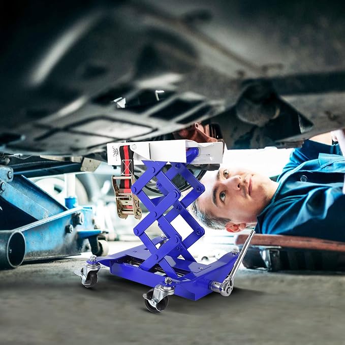 GarveeTech 450 LBS Low Profile Transmission Jack - Heavy-Duty Auto Repair Lift with 7-23 Inch Height Range, 2M Safety Straps & 4 Brake Wheels for Safe, Smooth Repairs - Blue