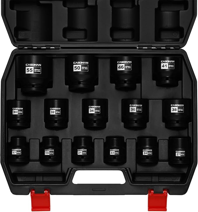 CASOMAN 15-Piece 3/4" Drive Shallow Spindle Axle Nut Impact Socket Set, 6-Point, Standard Large Socket Set, Metric (17mm -55mm), CR-MO Steel, with Storage Case