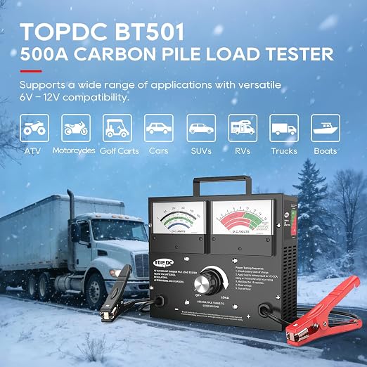 TOPDC Professional 500A Carbon Pile Battery Load Tester, Heavy-Duty 12V Automotive Battery & Alternator Tester for Cars, Trucks, SUVs, up to 1000 CCA