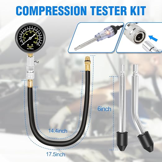 BETOOLL 15pcs Compression Tester with Spark Plug Tester & 14mm&16mm Magnetic Swivel Spark Plug Socket - 300PSI Engine Cylinder Compression Gauge Automotive Tool