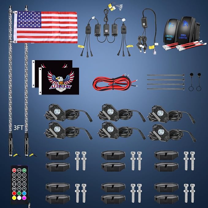 Nilight 2PCS 3FT RGB LED Whip Light and 6 PCS Rock Lights Combo Remote App Control w/DIY Chasing Patterns Stop Turn Reverse Modes Safety Antenna Whips for ATV UTV Polaris RZR Can-am Dune Buggy Jeep