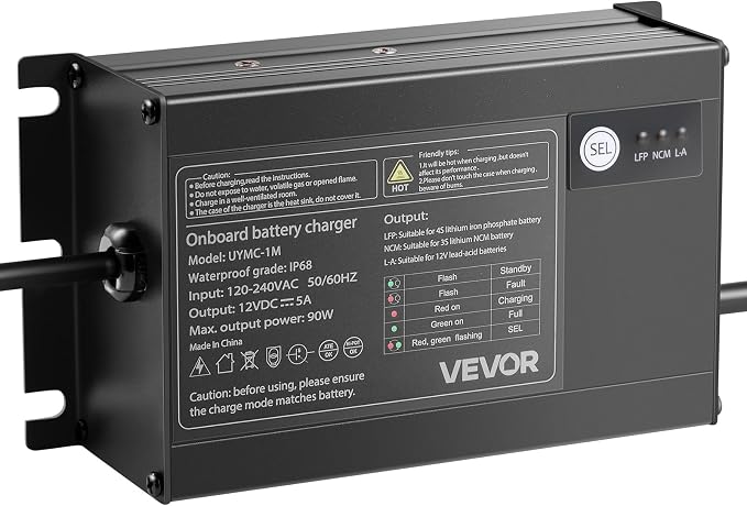 VEVOR Marine Battery Charger, 1-Bank, 5A 12V Onboard Boat Charger, IP68 Waterproof Smart On-Board Battery Charger, for Lithium-Ion (LiFePO4), NCM, Lead-Acid Batteries, Large Boat, Yacht, RV, Trailer