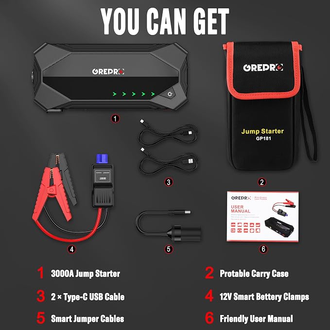 GREPRO Jump Starter (10L Gas & 8.0L Diesel Engines), 3000A Car Battery Jump Starter Battery Pack,12V Booster, Jump Box with Jumper Cables, Car Jumper with LED Light