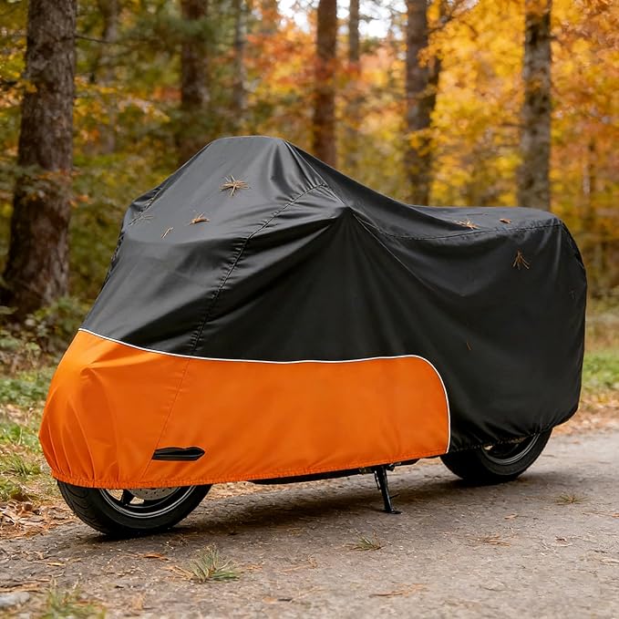 Motorcycle Cover 96 Inch with Relfection Strip, Compatible with Harley Davidson,Yamaha, Honda, Suzuki, Kawasaki All Weather Waterproof Outdoor and Dustproof Indoor, Black&Orange