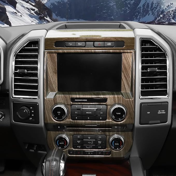 CheroCar Wood Grain Central Control Navigation & Emergency Light Control Panel Trim Cover Kit Fit for Ford F150 2015-2020 Hazard Light Switch & GPS Screen Surround Decorative Bezels