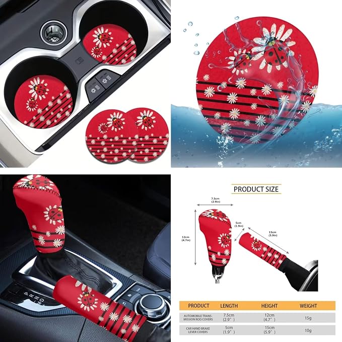 Tupalatus Funny Ladybugs 9 Pcs Front Seat Covers Set Washable Steering Wheel Cover Car Seat Belt Pads Cover Coasters Gear Shift Hoodie Handbrake Cover for Auto Trucks Van SUV
