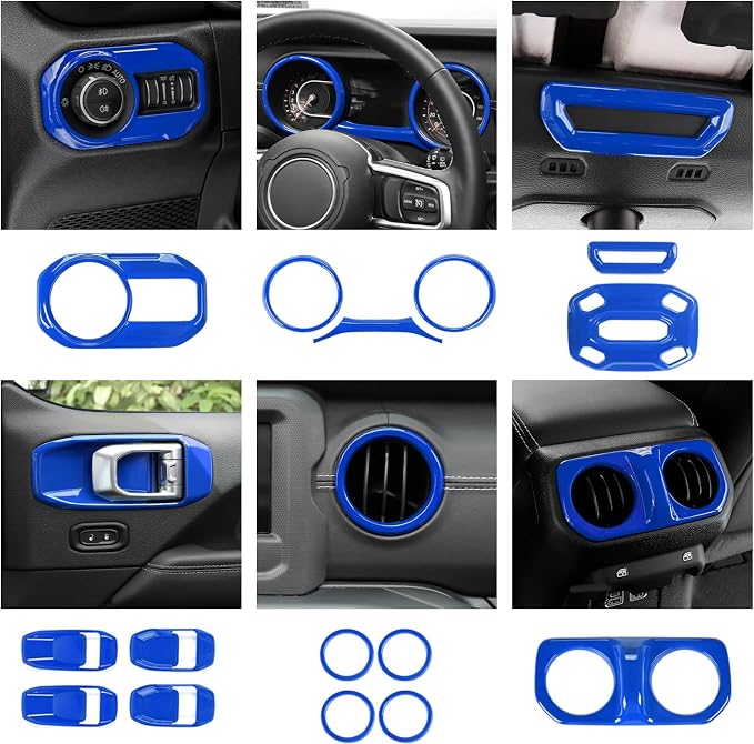 21PCS Blue Interior Trim Kits Fit for 2018-2023 Jeep Wrangler JL JLU & Gladiator JT 4Door Interior Decor Accessories Dashboard AC Headlight Switch Roof Speaker Inner Door Bowl Steering Button Frame