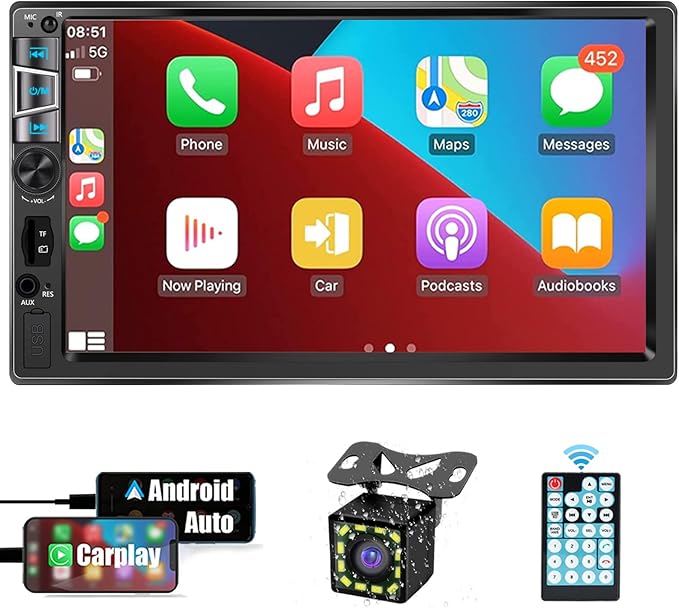 New Double Din Car Stereo with Wireless CarPlay & Android Auto, 7 in HD Car Radio with Bluetooth, USB/SD/AUX Input, FM, SWC, Subwoofer Support -HD Touchscreen Radio for Seamless Car Audio Integration