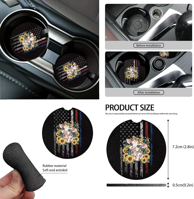 Cow Sunflower American Flag Print Car Accessories Pack of 13, Car Front and Rear Seat Covers Set of 4, 1 Steering Wheel Cover, 4 Wear Resisting Safe Belt Pad, 4 Cup Coasters for Women Men