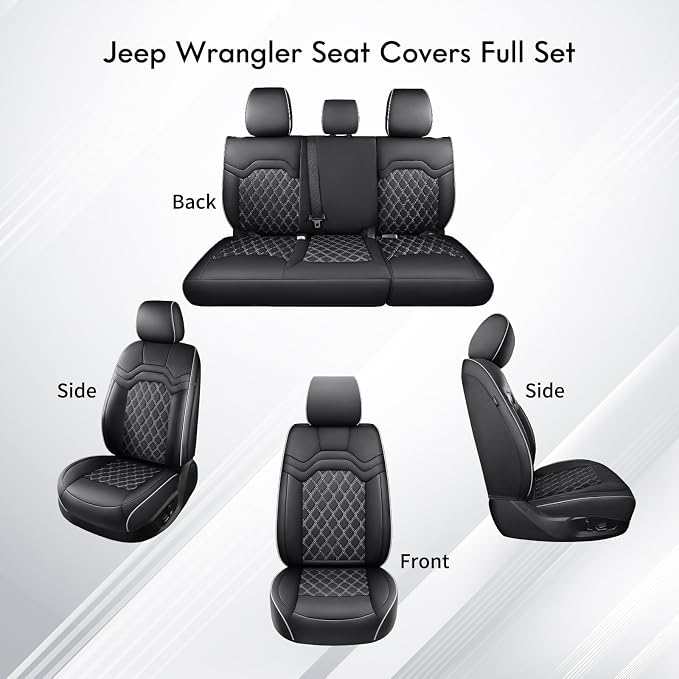 Huidasource Seat Covers for Jeep Wrangler JL 2018-2026, Cupholder Compatible, Waterproof Leather Seat Cover Full Set for Jeep Wrangler JL 4-Door, Custom Fit Seat Cushion Covers (Full Set/Black&White)