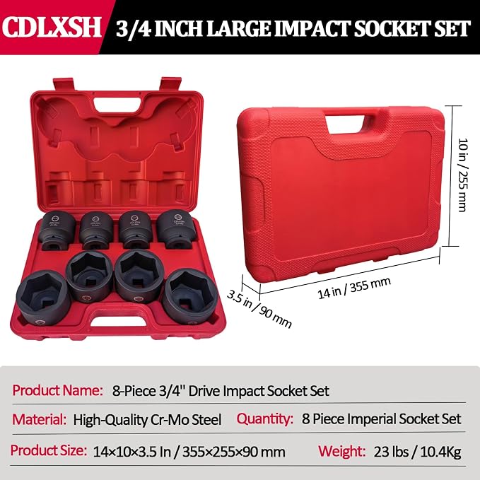 3/4" Drive Impact Socket Set, 8 PCS Heavy Duty Large SAE Socket Set | Standard 6-Point Jumbo SAE Sockets Sizes 2-1/16" to 2-1/2", Cr-Mo Steel, Overall Heat Treatment for Heavy Duty Use