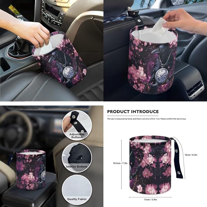Cherry Blossoms Raven Car Seat Covers Full Set for Women Cute Car Accessories Interior Car Steering Wheel Cover Seatbelt Covers Trash Bin Rear View Mirror Cover Cup Holders Keychain