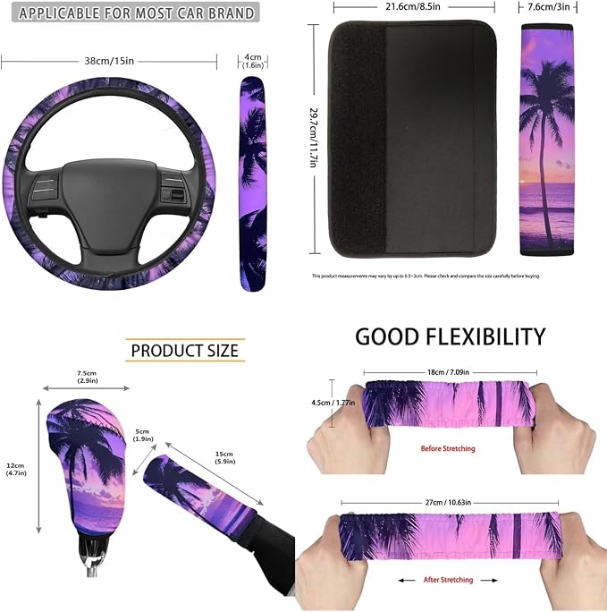 Palm Tree Sunset 11 Pieces Car Seat Covers Car Seat Belt Cover Steering Wheel Cover Gear Lever Cover Hand Brake Cover Keychain Holder Universal Fit for Most Cars,SUVs