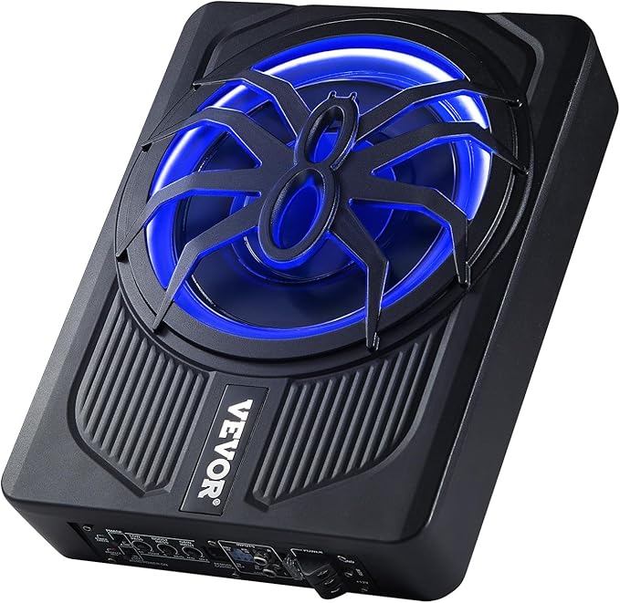 VEVOR 10" 440W Underseat Car Subwoofer, Slim Powered Car Subwoofers with Blue Ambient Light, Low Profile Audio Sub Under The Seat with Built-in Amplifier, Remote Controller for SUVs, Car, Truck, RV