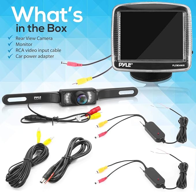 Pyle Wireless Backup Car Camera Rearview Monitor System - Parking & Reverse Safety Distance Scale Lines, Waterproof & Night Vision Cam, 3.5" LCD Screen Video Color Display for Vehicles - (PLCM34WIR)