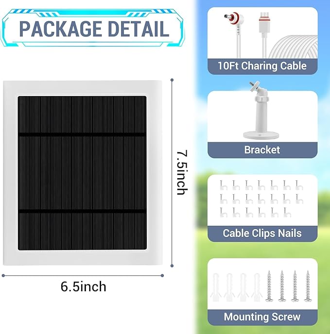 IP65 Solar Panel Outdoor for Ring Cameras (White 2P) Spotlight Cam Plus/Pro Stick Up Cam/Pro Wireless Outdoor with 10FT/3M Long Cable Dustproof Waterproof