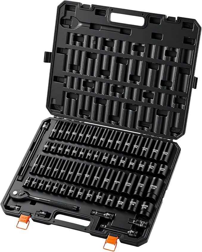 VEVOR Impact Socket Set, 1/2" Drive, 65-Piece Socket Set, 6 Point Sockets, SAE 3/8" to 1-1/4" and Metric 10-24 mm, Easy to Identify, with a Sturdy Storage Case, Cr-V Alloy Steel for Vehicles Repair