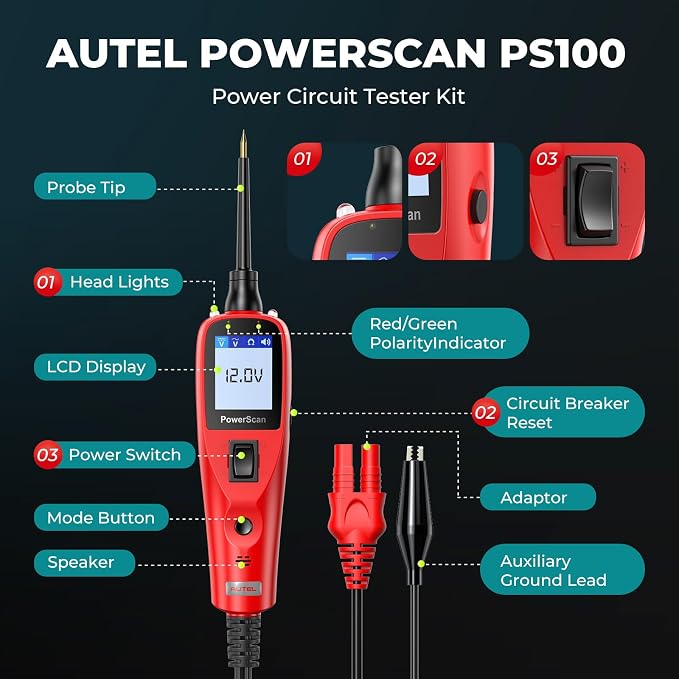 Autel Circuit Tester 2026, PowerScan PS100 Automotive Circuit Tester, 12-24V Electrical Short Open Breaker Circuit Finder, Digital Multimeter/Relay & Diode Resistance Tool Kit, 20FT Extra Cord