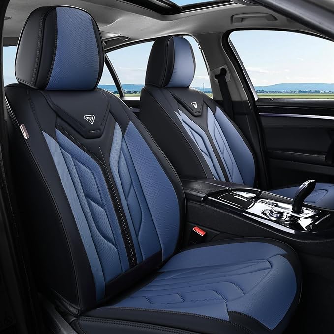Coverado Car Seat Covers Full Set, Automotive Seat Covers Car Seat Protector Car Seat Cushion, Waterproof Leather Seat Covers for Cars, Universal Fit for Most Sedans SUV Pick-up Truck(Black&Blue)