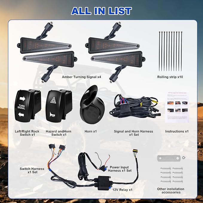 UTV Turn Signal Kit with Rocker Switch and Triangle Amber Light,Horn,Pre-Wired, Plug and Play, Compatible with Polaris, Pioneer, CFMOTO,Can-Am, Kawasaki