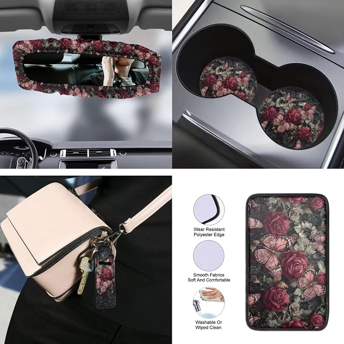 Butterfly Rose Print Car Seat Cover Full Set with Auto Steering Wheel Cover Seat Belt Protector Armrest Pad Auto Rear View Mirror Protector Set of 15, Pink and Green