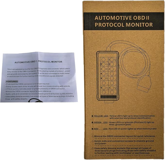 Professional OBD2 Breakout Box with LED Indicator, 16-Pin OBD2 Diagnostic Tool Automotive Electrical Tester Portable Auto OBD2 Protocol Detector Monitor Car Testing