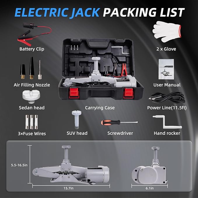 STANDTALL Electric Car Jack 3T Scissor Floor Jack Set 12V Automatic Vehicle Lift Kit for Road Emergency Tire Change Car Repair Tool for Sedans and SUV Gray