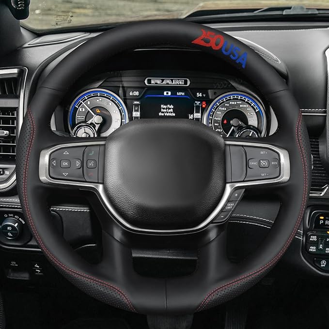 MEWANT USA 250th Anniversary Embroidered Hand-Stitched Steering Wheel Cover Custom Fit for Dodge Ram 1500 2019-2023(Backsides Without Buttons)