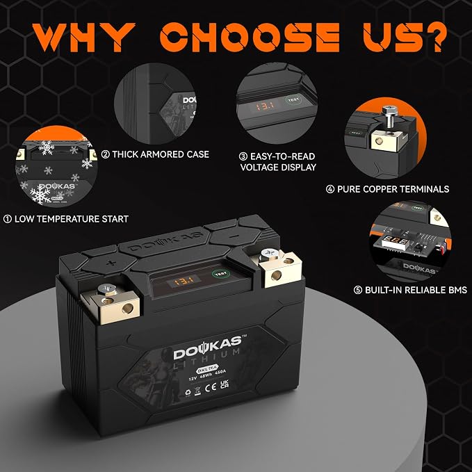 DKL12 YTX12-BS 550A LiFePO4 Motorcycle Lithium Battery, 12V 4Ah Powersports Battery, Compatible Jet Ski, Lawn Mower, Scooter, Generator Battery, Snowmobile