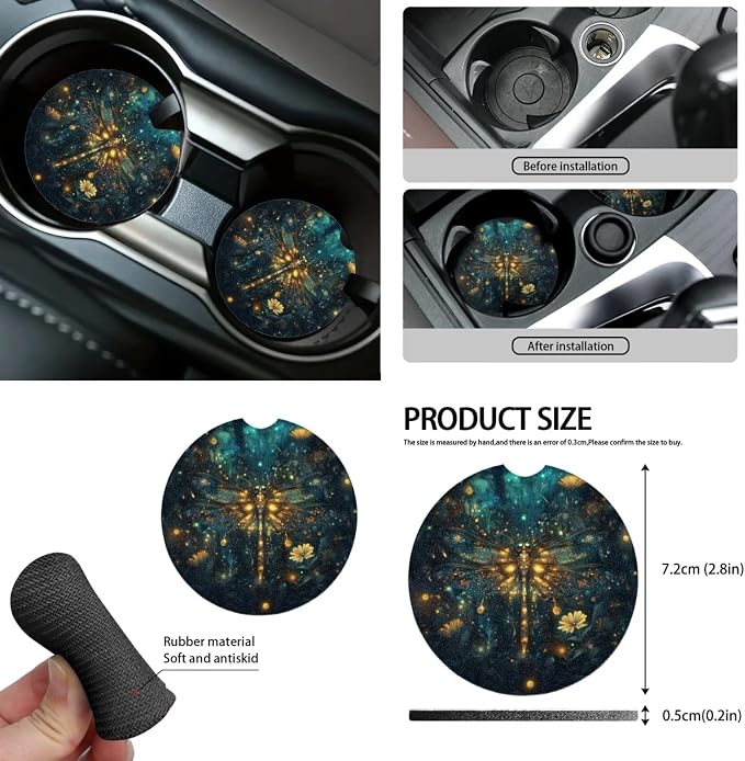 Green Dragonfly Car Seat Covers Full Set for Women,Turtle Steering Wheel Cover Seat Belt Cover Pad Cup Car Coasters Trash Can Car Headrest Pillow Covers Armrest Pad,15 Pcs Set