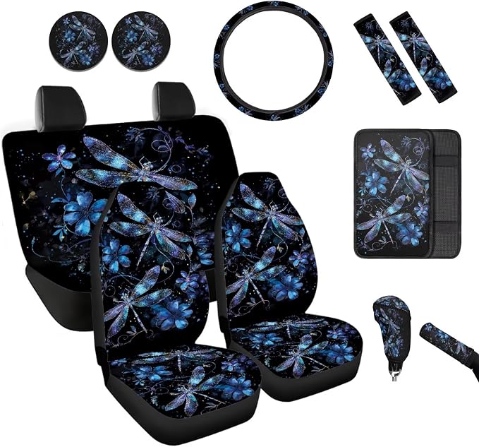 BIGCARJOB Purple Dragonfly Auto Front Rear Seat Cover Full Set 12 Pcs Dragonfly Print Car Interior Accessories Set Womens Cute Seat Protective Universal Steering Wheel Covers Armrest Pads