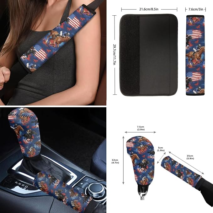 Wanyint Kentucky Horse Racing Car Seat Covers Full Set 12 Pieces, with Steering Wheel Seat Belt Covers Armrest Pad Handbrake Gear Shift Knob Cover Cup Coaster Universal Fit, American Flag Horse Navy