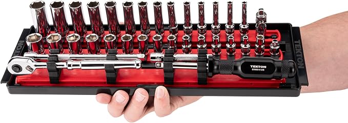 TEKTON 1/4 Inch Drive 6-Point Socket and Ratchet Set with Rails and Trays, 57-Piece (5/32-9/16 in., 4-15 mm) | SKT03301