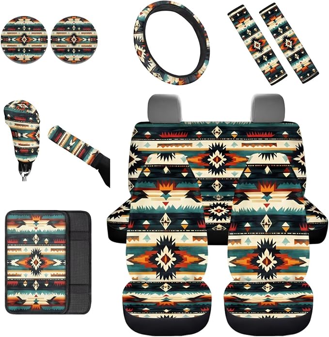 Dreaweet Aztec Car Seat Covers Full Set,Native American Geometric Car Deocr Set of 12,Universal Steering Wheel Cover with Center Console Cover,Cup Coasters,Seatbelt Covers,Gear Shift Handbrake Cover