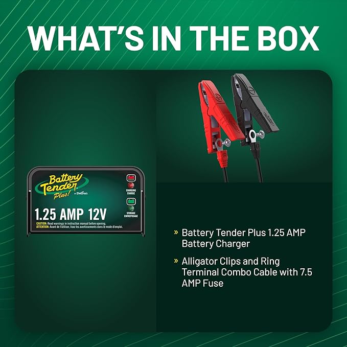 Battery Tender Plus 12V 1.25 AMP Car & Motorcycle Battery Charger and Maintainer, Float Charge for Automotive, and ATVs - Smarter Than a Trickle Charger