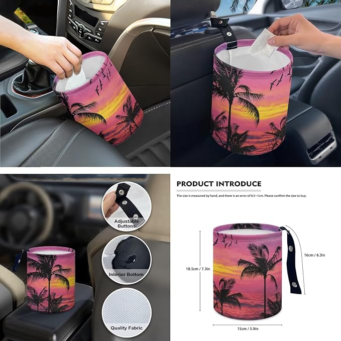 Sunset Tropical Palm 15 PCS Car Seat Cover Full Set, with Steering Wheel Cover Seat Belt Cover Trash Cans Rear View Mirror Cover Cup Coaster Keychain Universal Fit