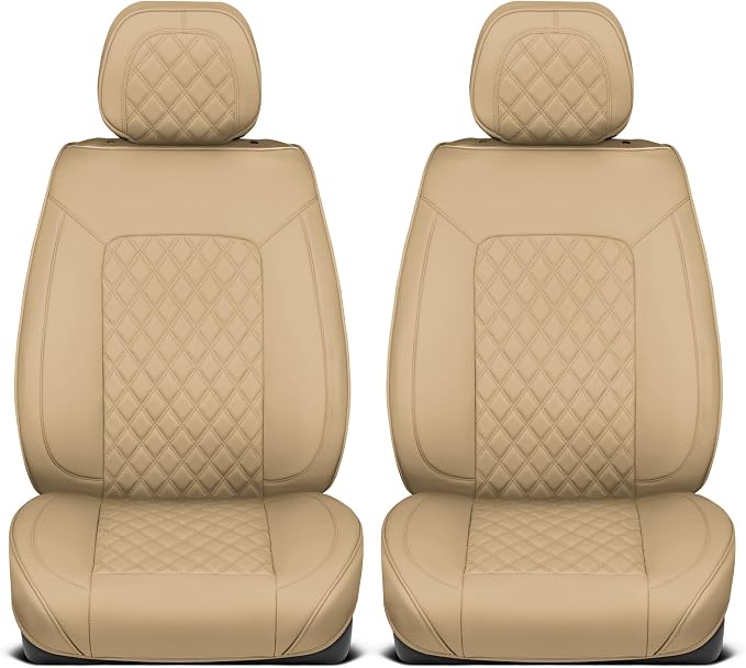 MotorBox Prestige Edition Faux Leather Seat Covers for Cars, Trucks, & SUV – 2 Beige Car Seat Covers for Front Seats - Universal Fit Car Accessories Automotive Interior Protector for Most Vehicles
