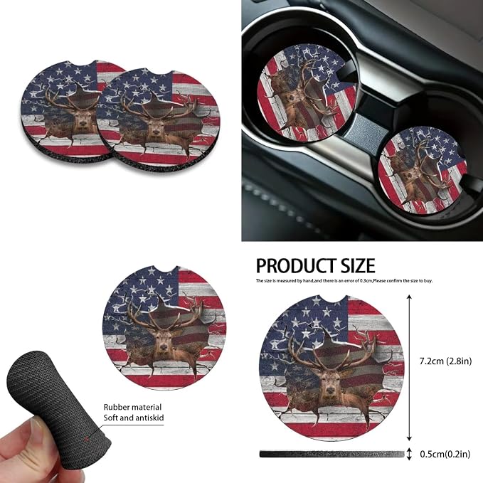 3D Deer American Flag Print 10pcs Car Accessories, Non Fading Auto Front & Rear Seat Cover Steering Wheel Cover Car Trash Can Keychains Coasters Air Vent Storage Bag for Women Men