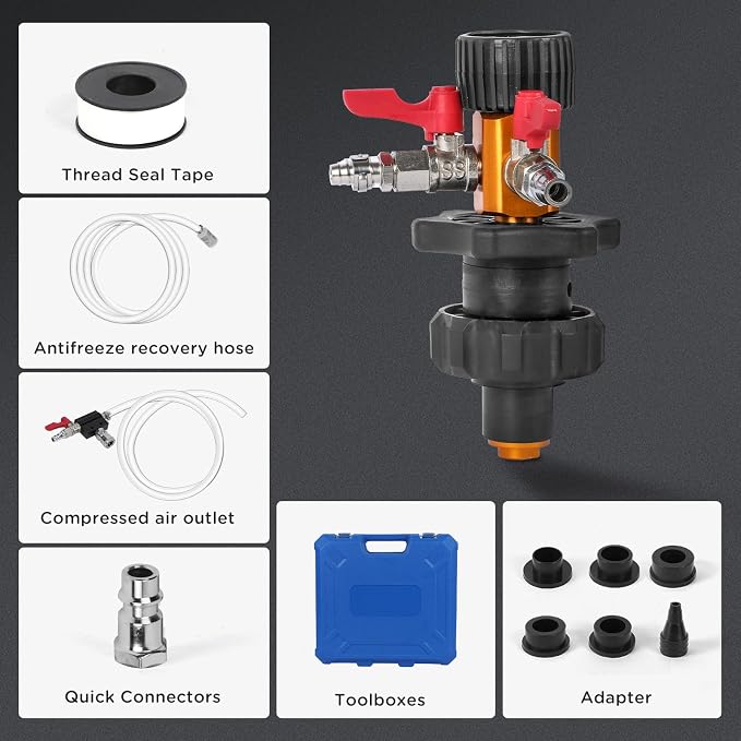 MR CARTOOL Coolant System Refill Kit, Automotive Vacuum Fill Coolant Tool Set with Pressure Gauge, 5 Adapters and Air Connectors, Antifreeze Change Tool for Testing Radiator and Heating Core Pipes