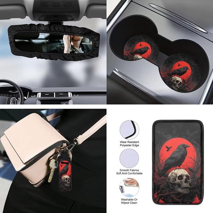 Crow Skull Print Car Seat Covers Set of 15 High Back Front and Back Seat Covers with Steering Wheel Cover Safety Belt Pads Headrest Protectors Armrest Cushion Cup Coasters and Keychain