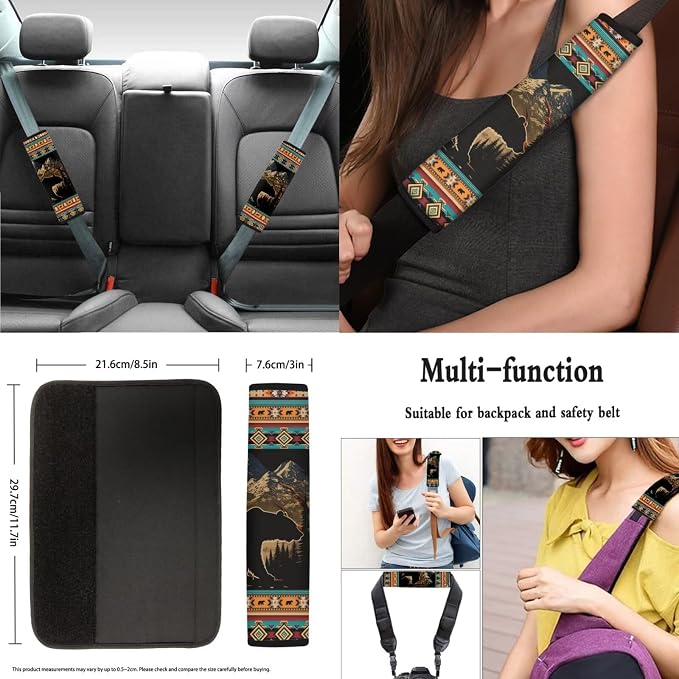 8 Pcs Brown Aztec Bear Car Seat Covers Full Set Car Accessories for Women Front Seat Cover Steering Wheel Armrest Cover Seat Belt Cover for Auto SUV Interior Decoration